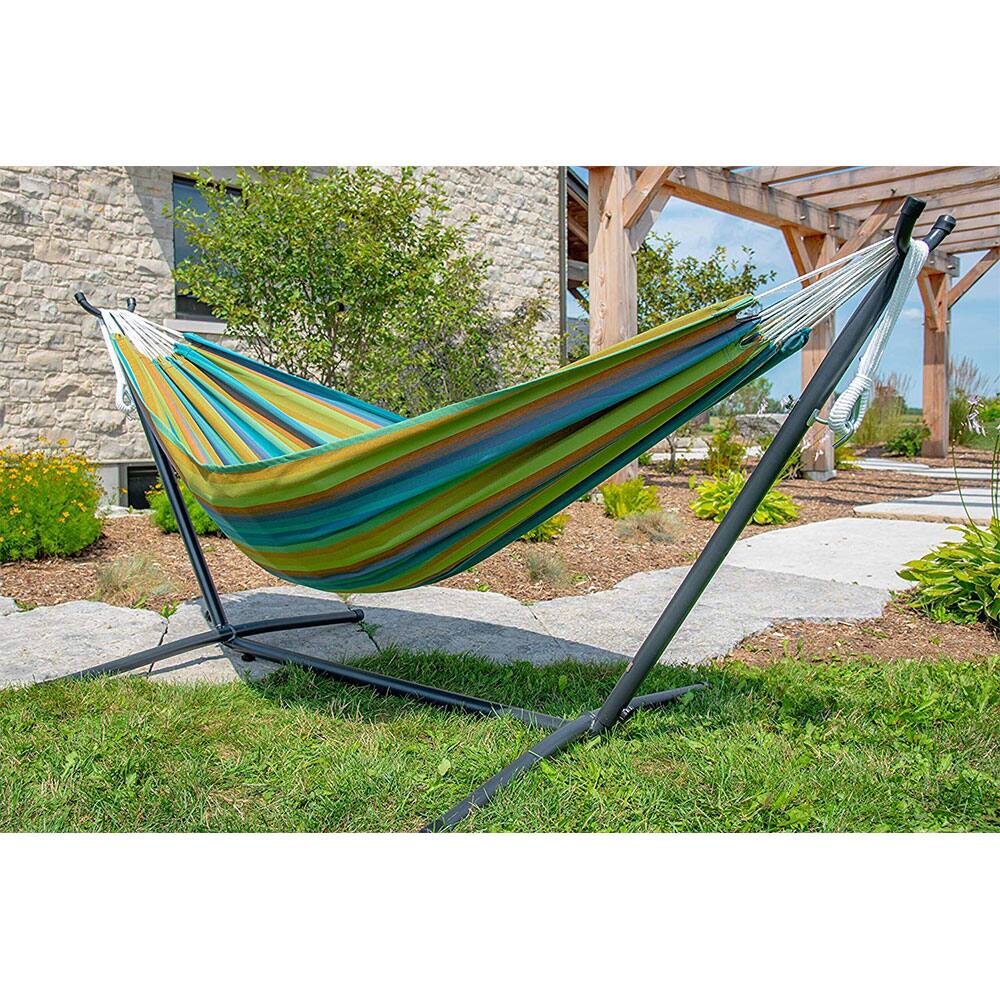 Alt View 1. Vivere - Vivere Brazilian Style Sunbrella Outdoor Double Hammock with Steel Stand, Lagoon - Lagoon.