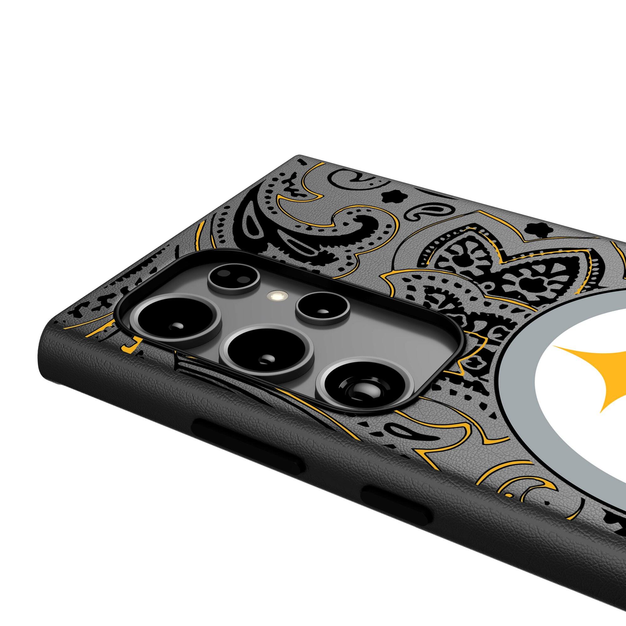 Alt View 3. Keyscaper - Pittsburgh Steelers Paisley Galaxy Magnetic Bump Case - S25 Ultra - Black.