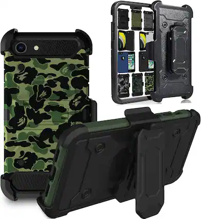Front. DuraSafe Cases - iPhone SE 2 (2020) / SE 3 (2022) - 4.7" 3-Layer Rugged Armor Phone Case with Kickstand - Military Moss(With Holster).