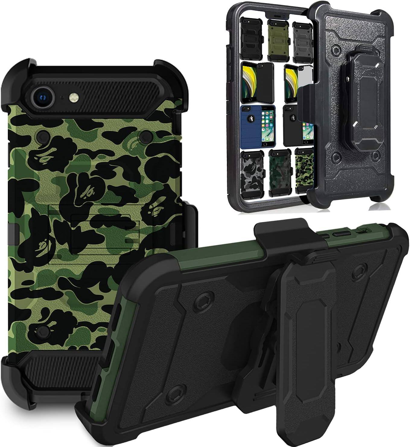 Front. DuraSafe Cases - iPhone SE 2 (2020) / SE 3 (2022) - 4.7" 3-Layer Rugged Armor Phone Case with Kickstand - Military Moss(With Holster).