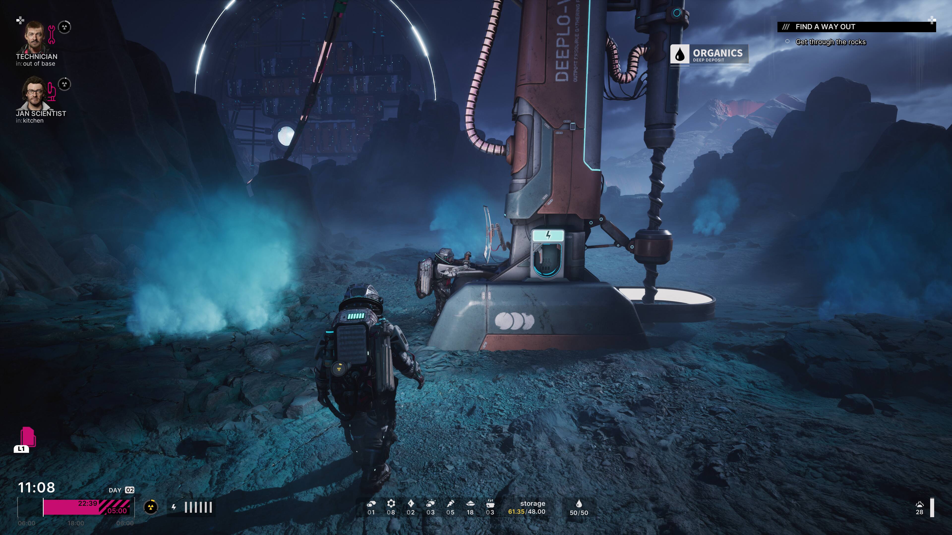 The image shows a video game with a character standing in front of a large machine. The character is a technician, and they are currently out of their base. The game is set in a dark environment, with the character being the only visible figure. The game is likely set in a futuristic or sci-fi setting, given the presence of the large machine. The image also shows the time, which is 11:08, and the day is either January 22 or 23.