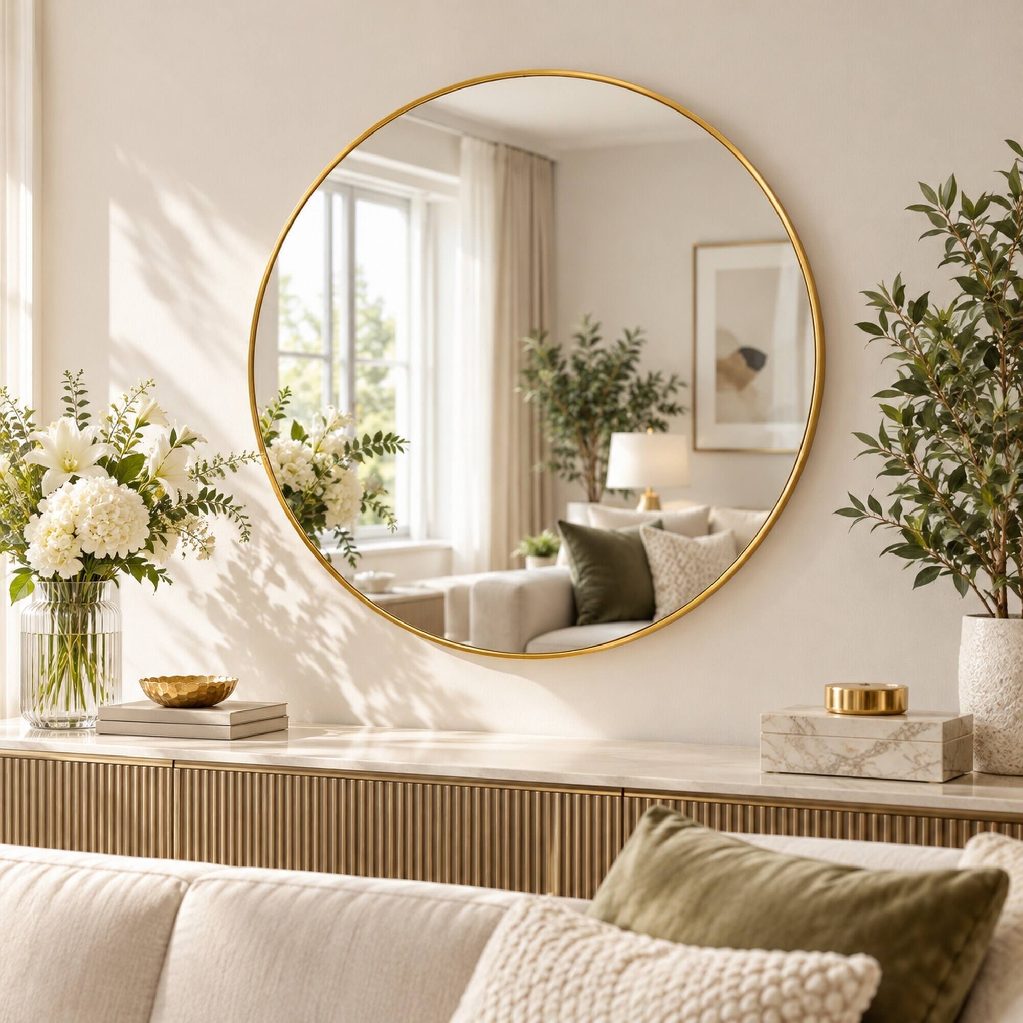 Back. RYHNUYNE - 36 Inch Round Wall Mirror, Gold Aluminum Frame, HD Glass, Shatterproof, Bathroom and Living Room Decor.