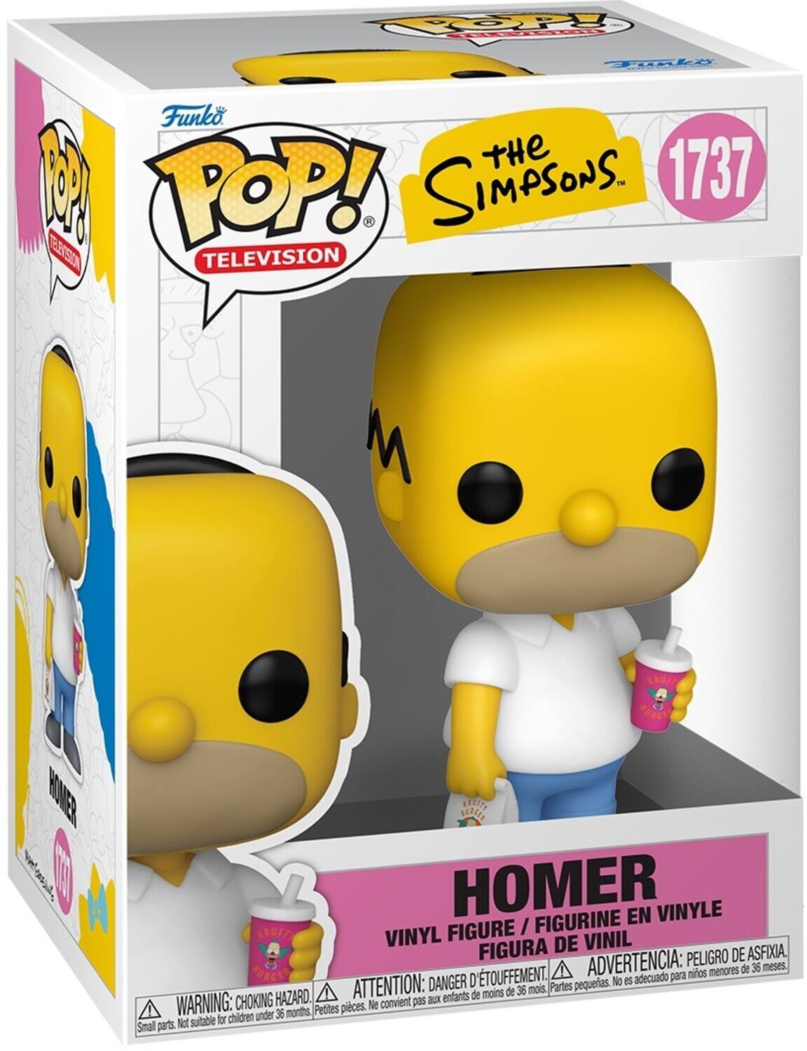 Sure, here is the corrected and grouped text from the image:

---

**Funko POP! TELEVISION**

**The Simpsons**

**1737**

**HOMER**

**VINYL FIGURE / FIGURINE EN VINYLE / FIGURA DE VINIL**

**WARNING: CHOKING HAZARD. Small parts. Not suitable for children under 36 months.**

**ATTENTION: DANGER D'ÉTOUFFEMENT. Petites pièces. Ne convient pas aux enfants de moins de 36 mois.**

**ADVERTENCIA: PEIGRO DE ASFIXIA. Partes pequeñas. No es adecuado para niños menores de 36 meses.**

---

This text is organized to reflect the information on the packaging, including the brand, series, character, and safety warnings.