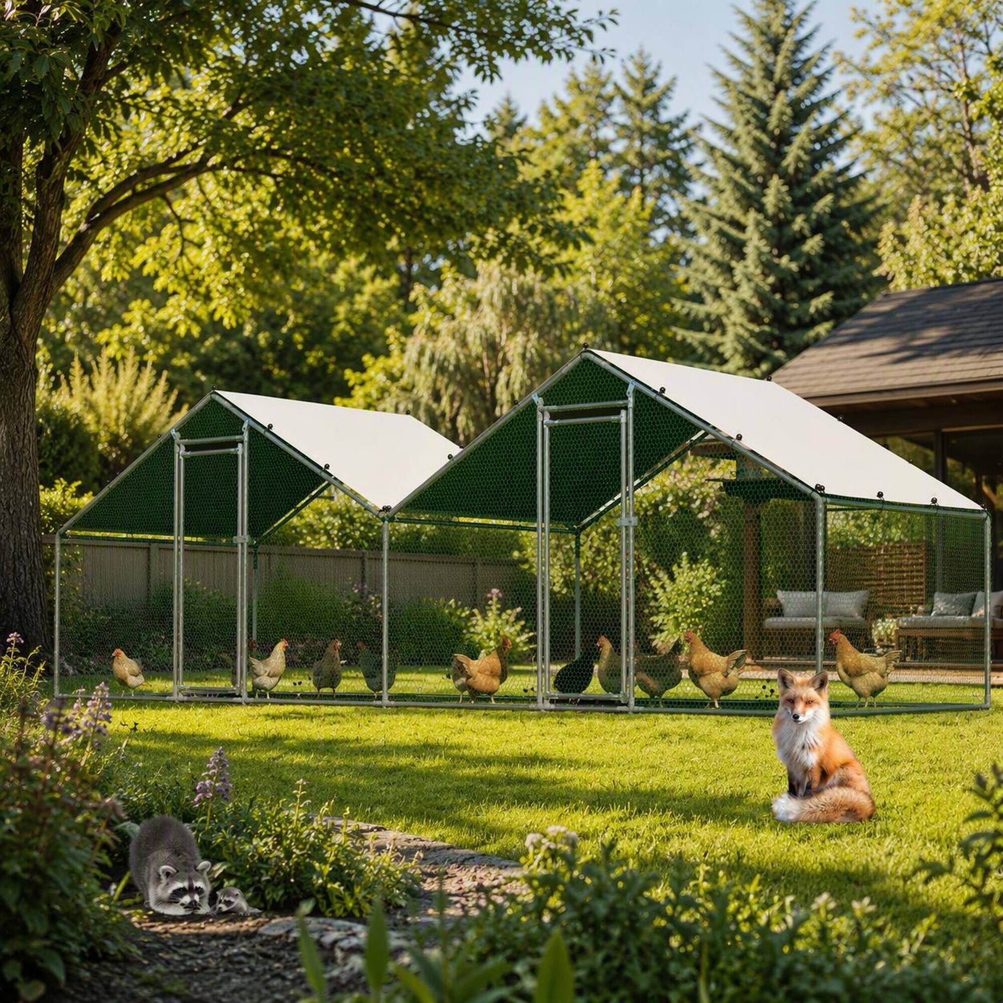 Left. RYHNUYNE - Walk-In Chicken Coop 6x20 ft Metal Poultry Cage, Dual-Zone Design & Weatherproof Double Peak Roof.