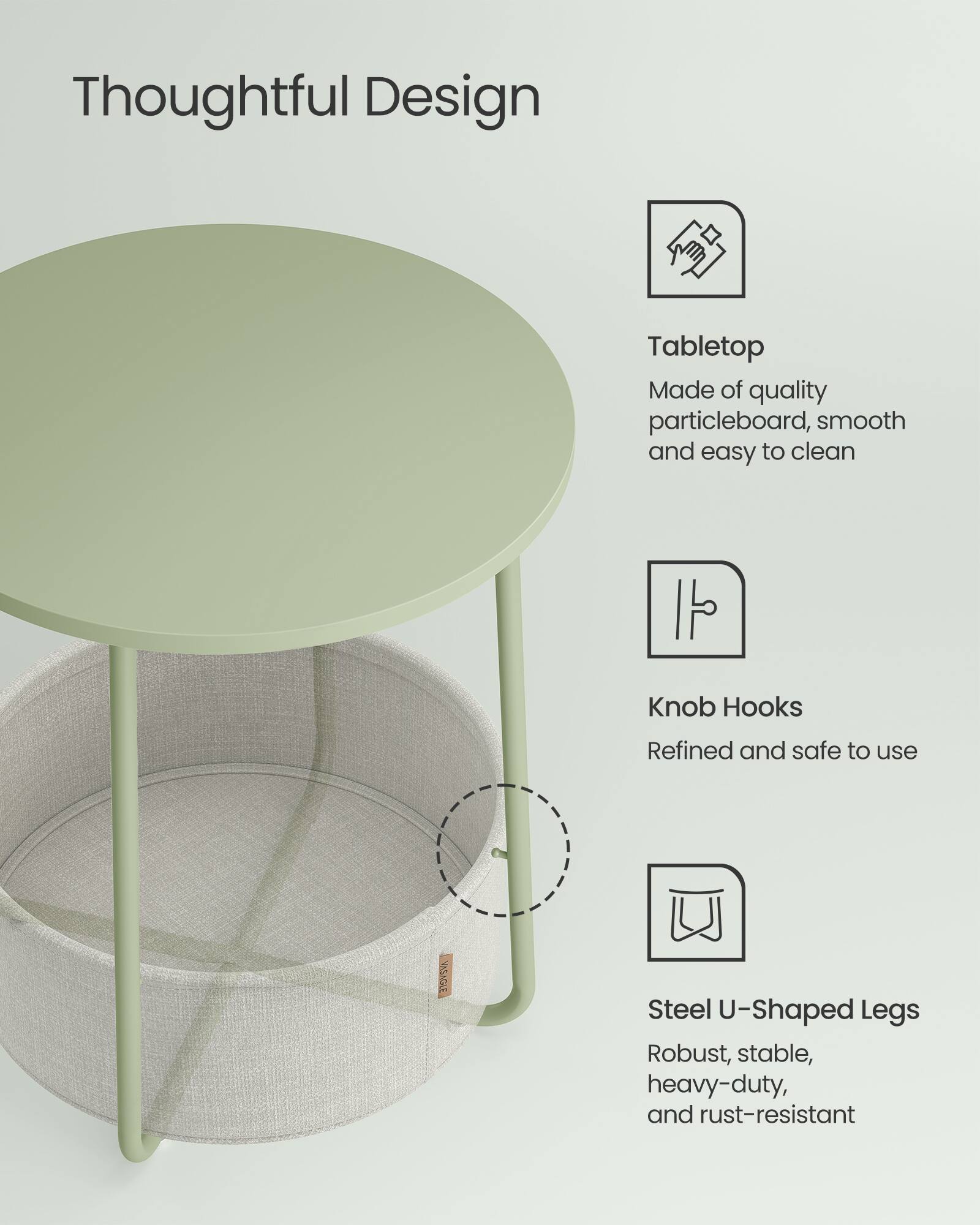 Thoughtful Design

Tabletop  
Made of quality particleboard, smooth and easy to clean

Knob Hooks  
Refined and safe to use

Steel U-Shaped Legs  
Robust, stable, heavy-duty, and rust-resistant