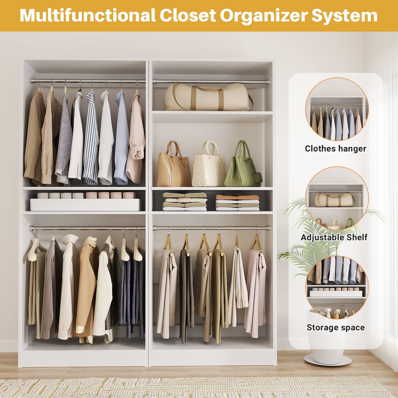 Multifunctional Closet Organizer System

- Clothes hanger
- Adjustable Shelf
- Storage space