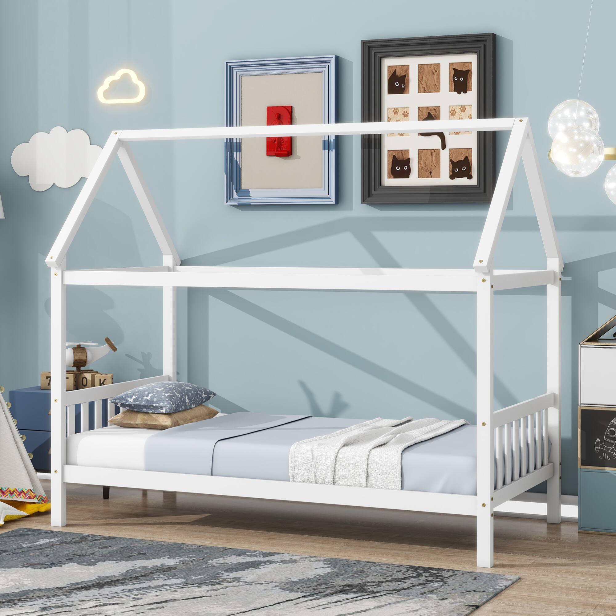 Angle. GOODSILO - Twin Size House Frame Bed with Headboard and Footboard in Light Wood Finish - White.