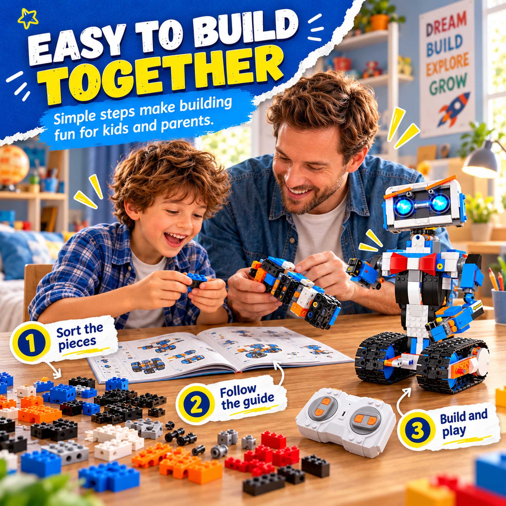 EASY TO BUILD TOGETHER  
Simple steps make building fun for kids and parents.

1. Sort the pieces
2. Follow the guide
3. Build and play

DREAM BUILD EXPLORE GROW