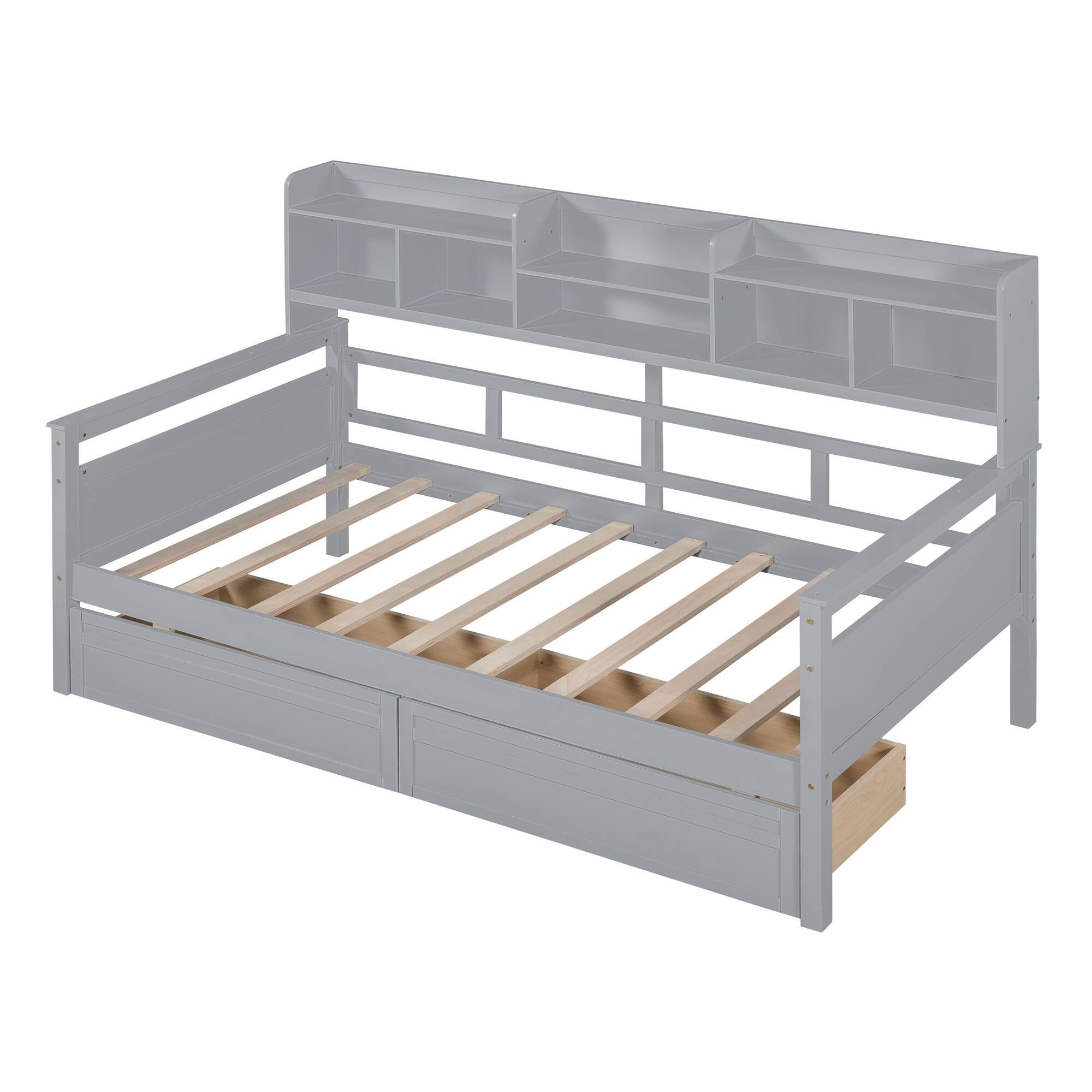 Alt View 2. Aukfa - Twin size Daybed, Wood Slat Support, with Bedside Shelves and Two Drawers - Gray.
