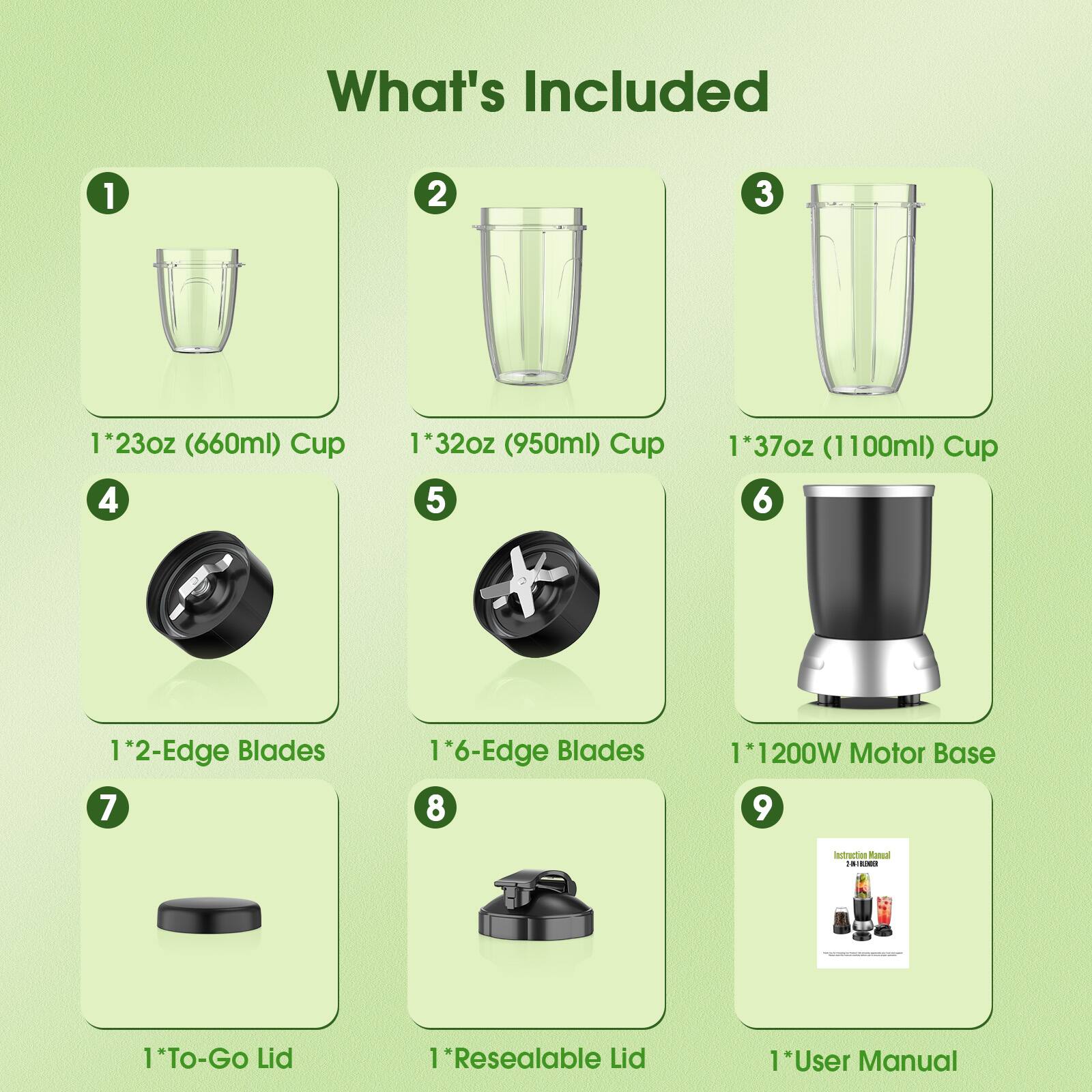 What's Included

1. 1*23oz (660ml) Cup
2. 1*32oz (950ml) Cup
3. 1*37oz (1100ml) Cup
4. 1*2-Edge Blades
5. 1*6-Edge Blades
6. 1*1200W Motor Base
7. 1*To-Go Lid
8. 1*Resealable Lid
9. 1*User Manual