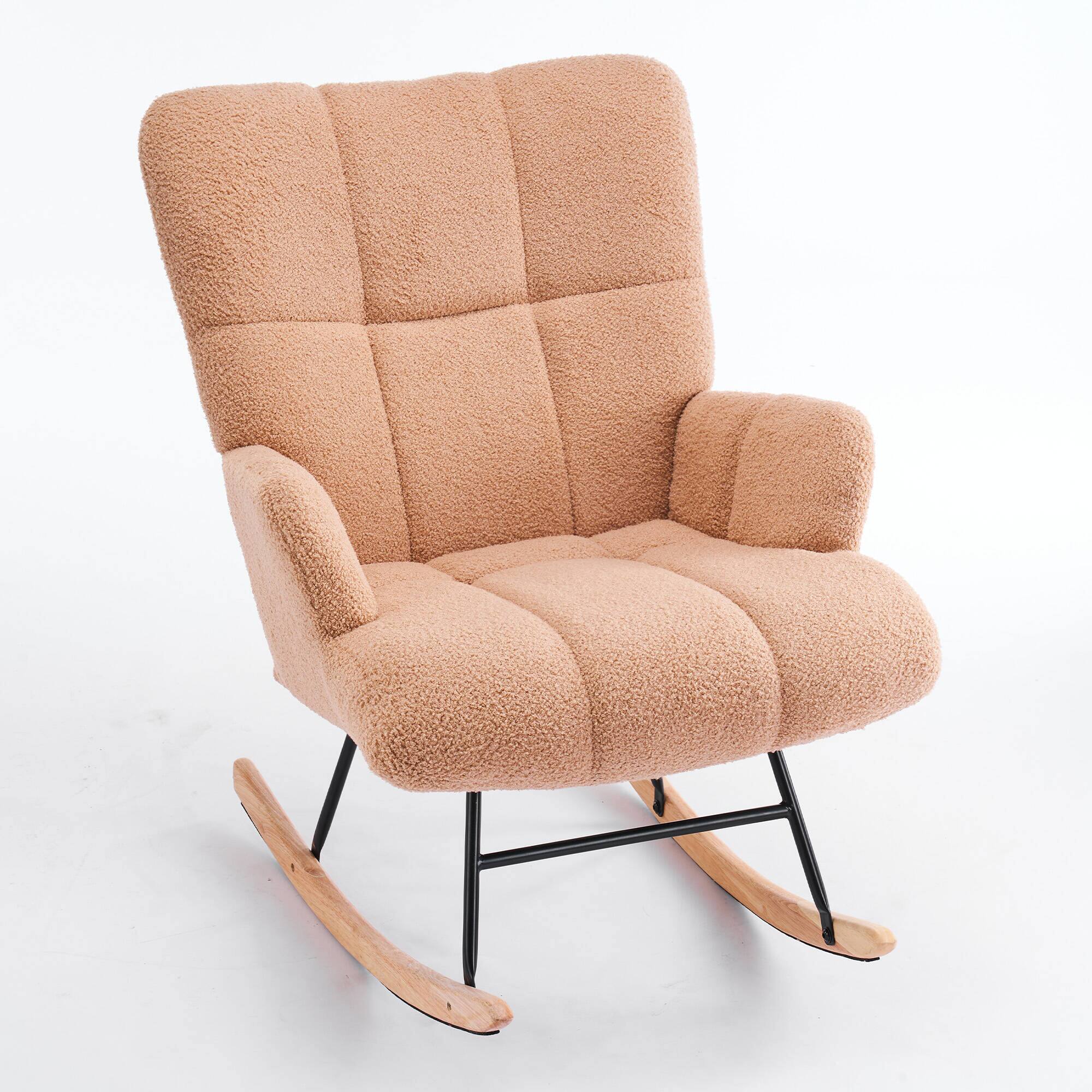 Front. FERPIT - FERPIT Teddy Upholstered Wingback Rocking Accent Chair with Rubberwood Legs, Light Brown - Light Brown.