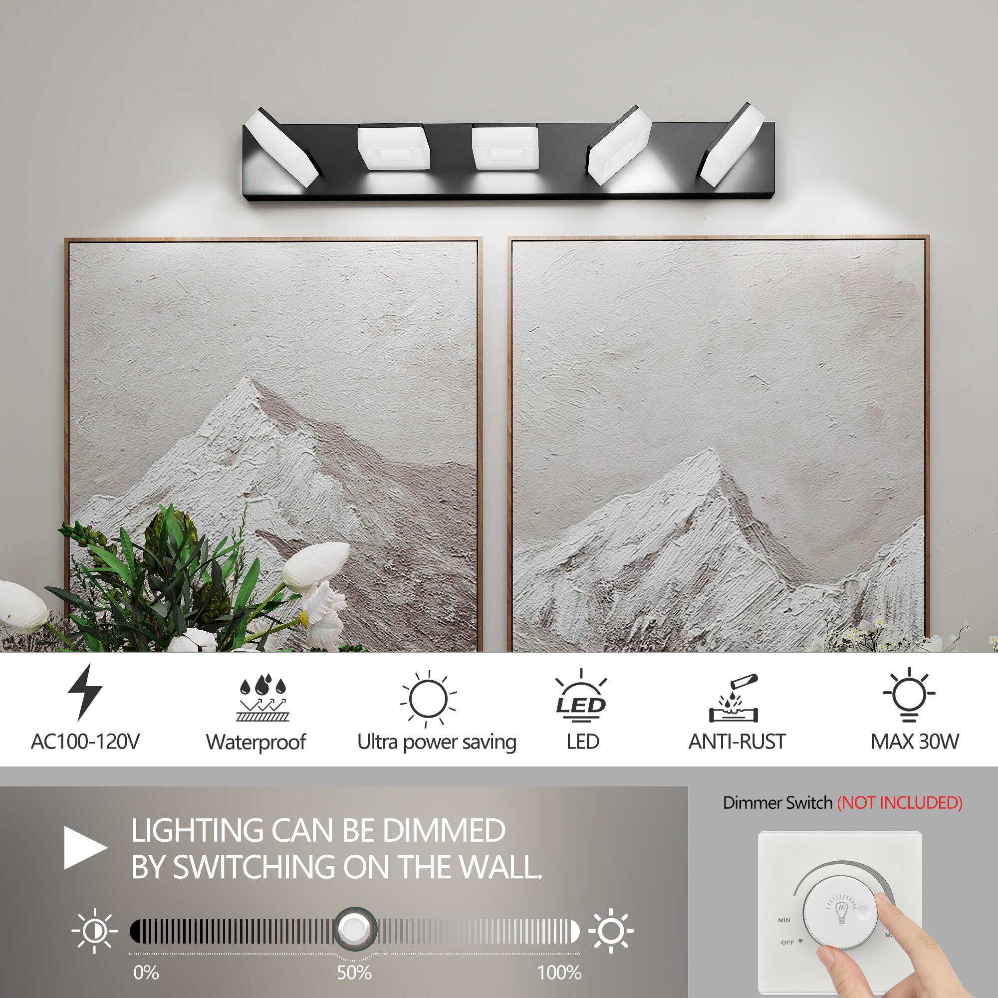 LED AC100-120V Waterproof Ultra power saving LED ANTI-RUST MAX 30W LIGHTING CAN BE DIMMED BY SWITCHING ON THE WALL Dimmer Switch (NOT INCLUDED)  
0% 50% 100%