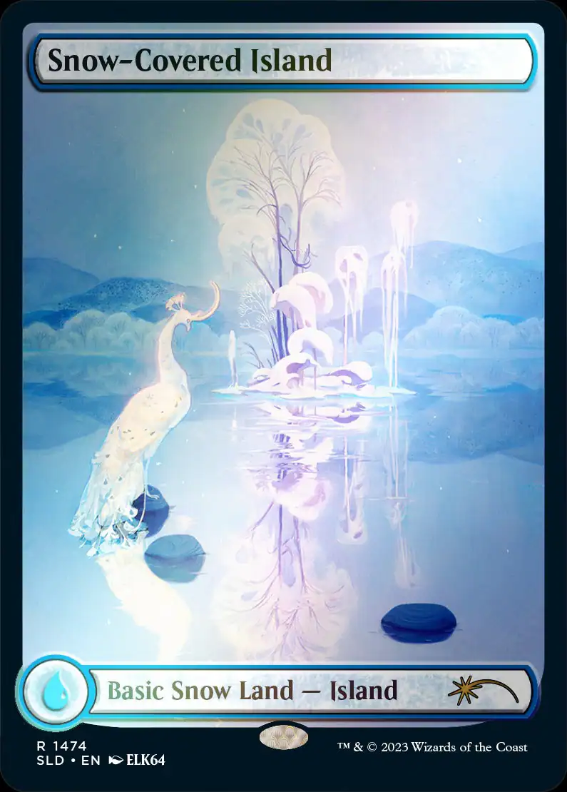 Snow-Covered Island  
Basic Snow Land - Island  
R 1474  
SLD • EN • ELK64  
TM & © 2023 Wizards of the Coast