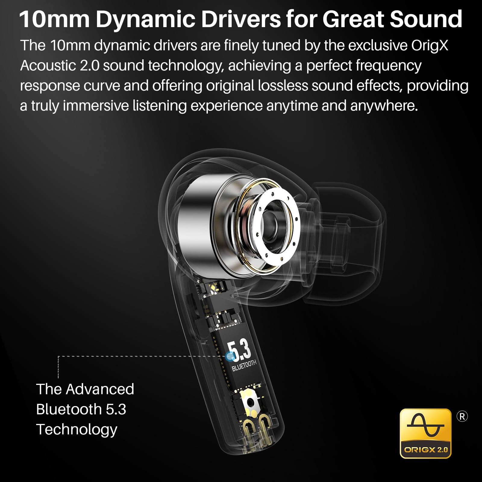 10mm Dynamic Drivers for Great Sound

The 10mm dynamic drivers are finely tuned by the exclusive Origx Acoustic 2.0 sound technology, achieving a perfect frequency response curve and offering original lossless sound effects, providing a truly immersive listening experience anytime and anywhere.

The Advanced Bluetooth 5.3 Technology

5.3 BLUETOOTH

ORIGX 2.0 R