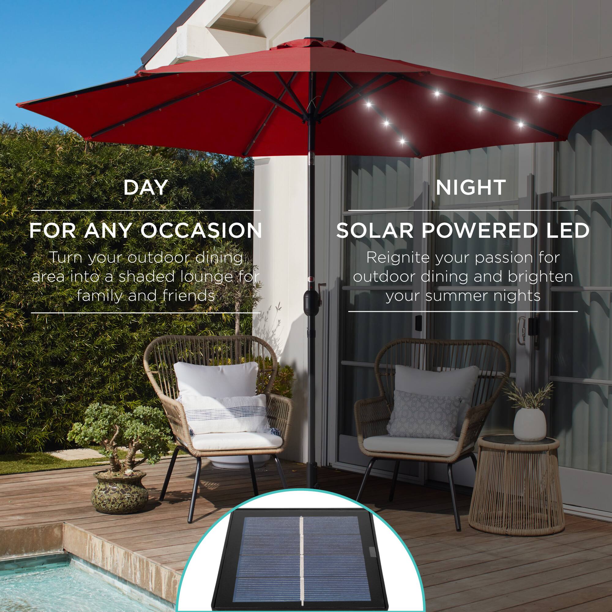**DAY NIGHT FOR ANY OCCASION**

Turn your outdoor dining area into a shaded lounge for family and friends.

**SOLAR POWERED LED**

Reignite your passion for outdoor dining and brighten your summer nights.