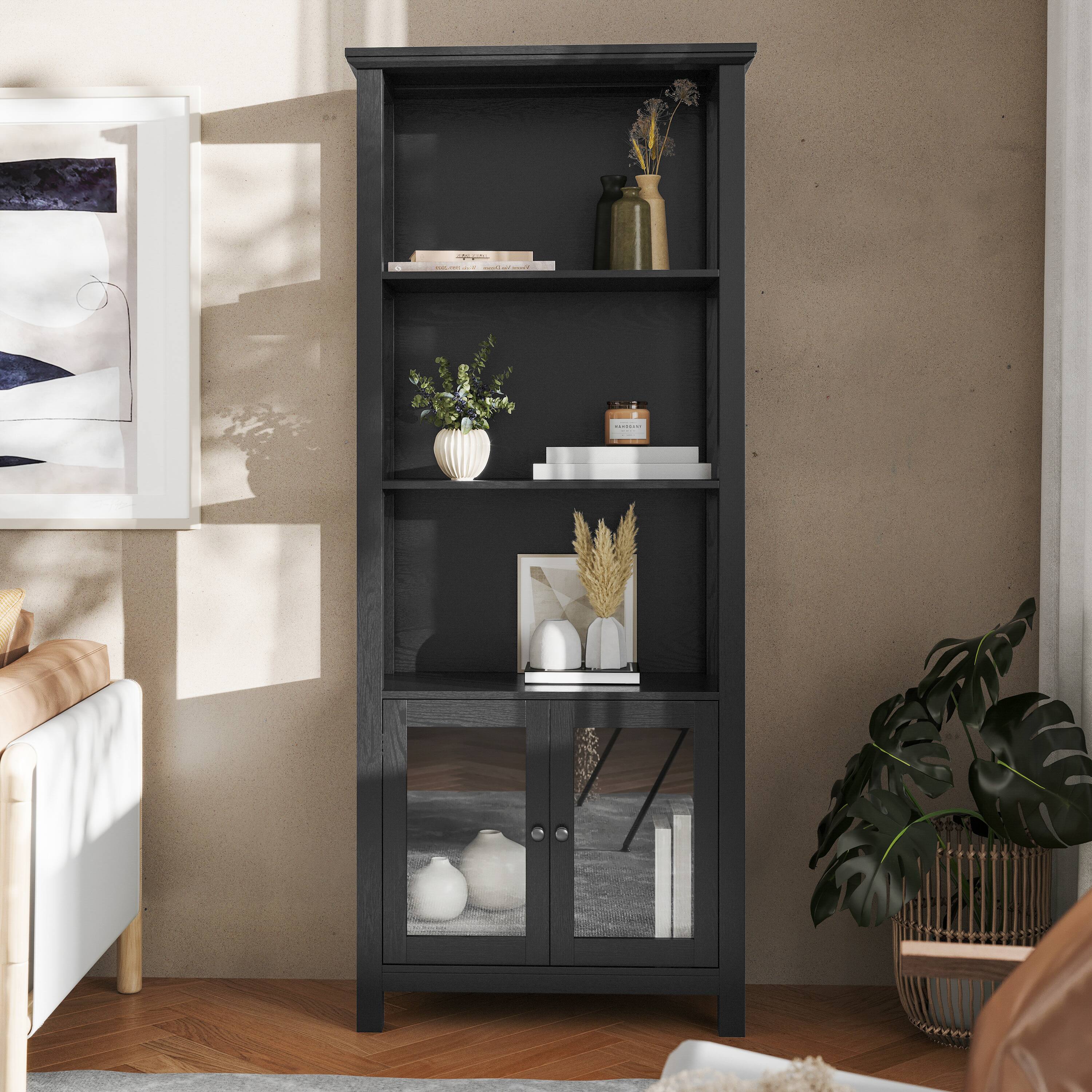 Alt View 2. Flash Furniture - Stella Modern Farmhouse Wooden Bookcase and Storage Cabinet with Tempered Glass Doors and 3 Upper Shelves in Black - Black.