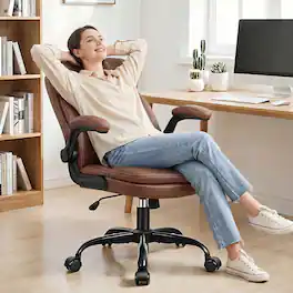 Brick Attic - Ergonomic Leather Office Chair with Adjustable Armrests,PU Computer Desk Chair with Double-Layer Seat Cushion - Brown