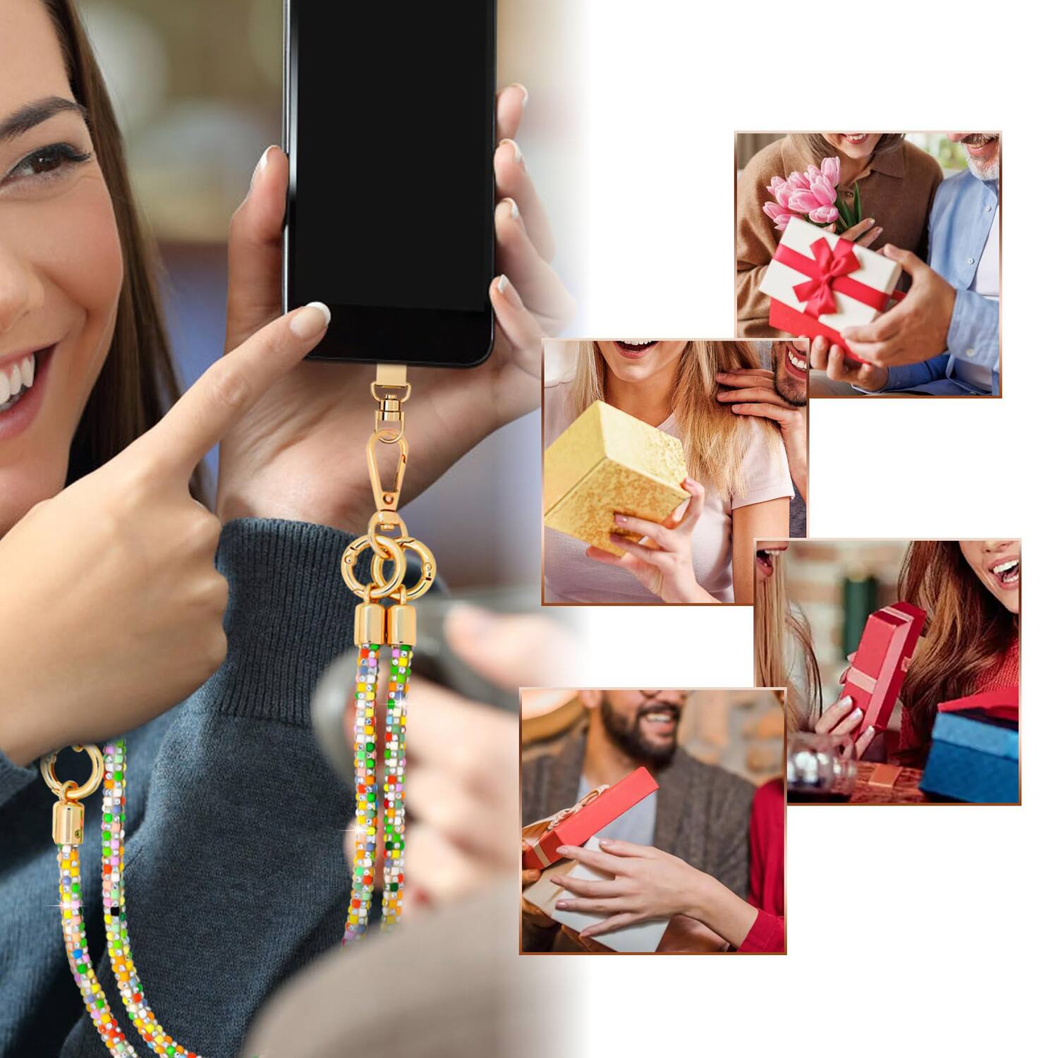 Alt View 2. Dteck - 3-in-1 Glitter Crossbody Phone Lanyard,Sparkly Crystal Phone Strap Fashion Wrisrstrap for Universal Smartphone Cases - Colorful.