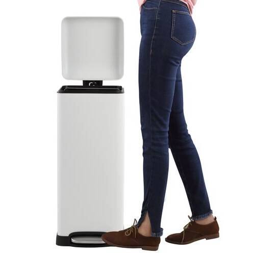 Angle. SlickBlue - Step-On Trash Can with Foot Pedal – Quiet, Easy-to-Use Waste Bin for Home or Office - White.