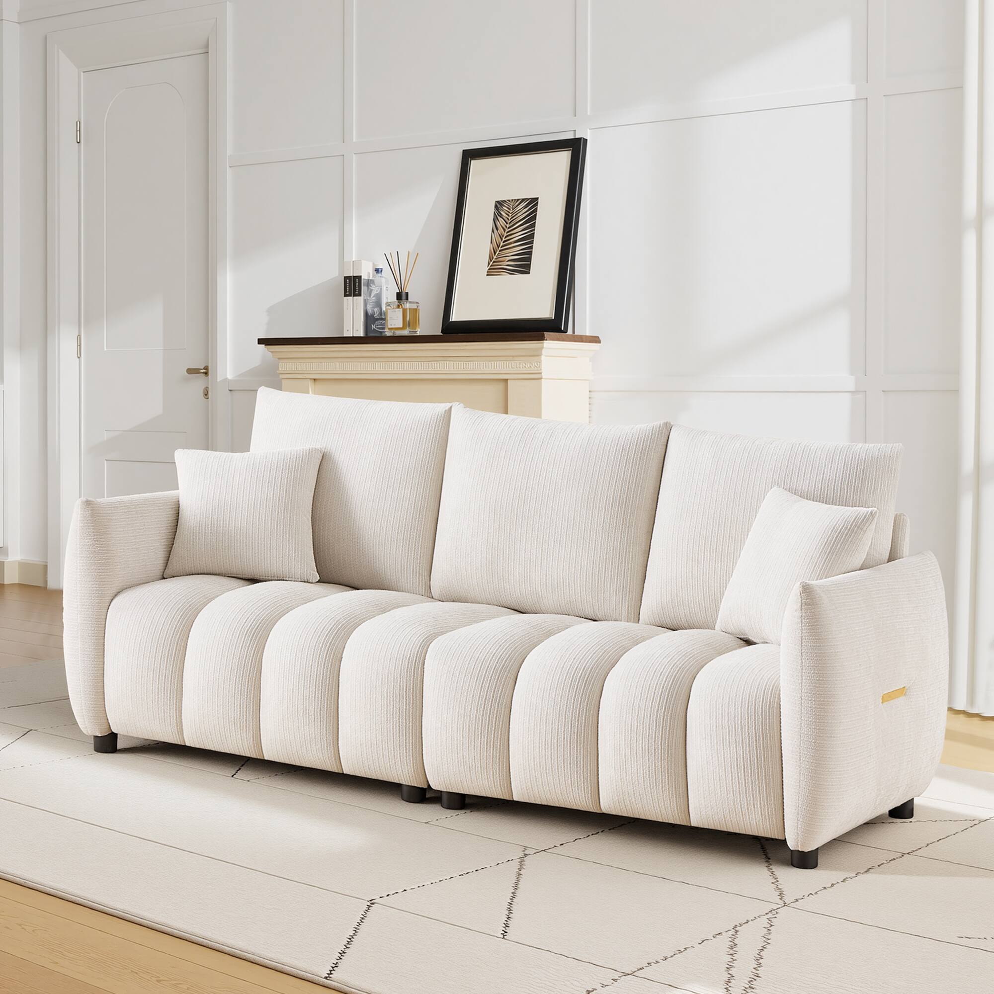Alt View 6. Meqiodas - Modern Boucle Sofa Couch, Comfy 3 Seater Cloud Sofa with Soft Pillows, Curved Sofas Deep Seat, for Living Room, Bedroom - Beige.