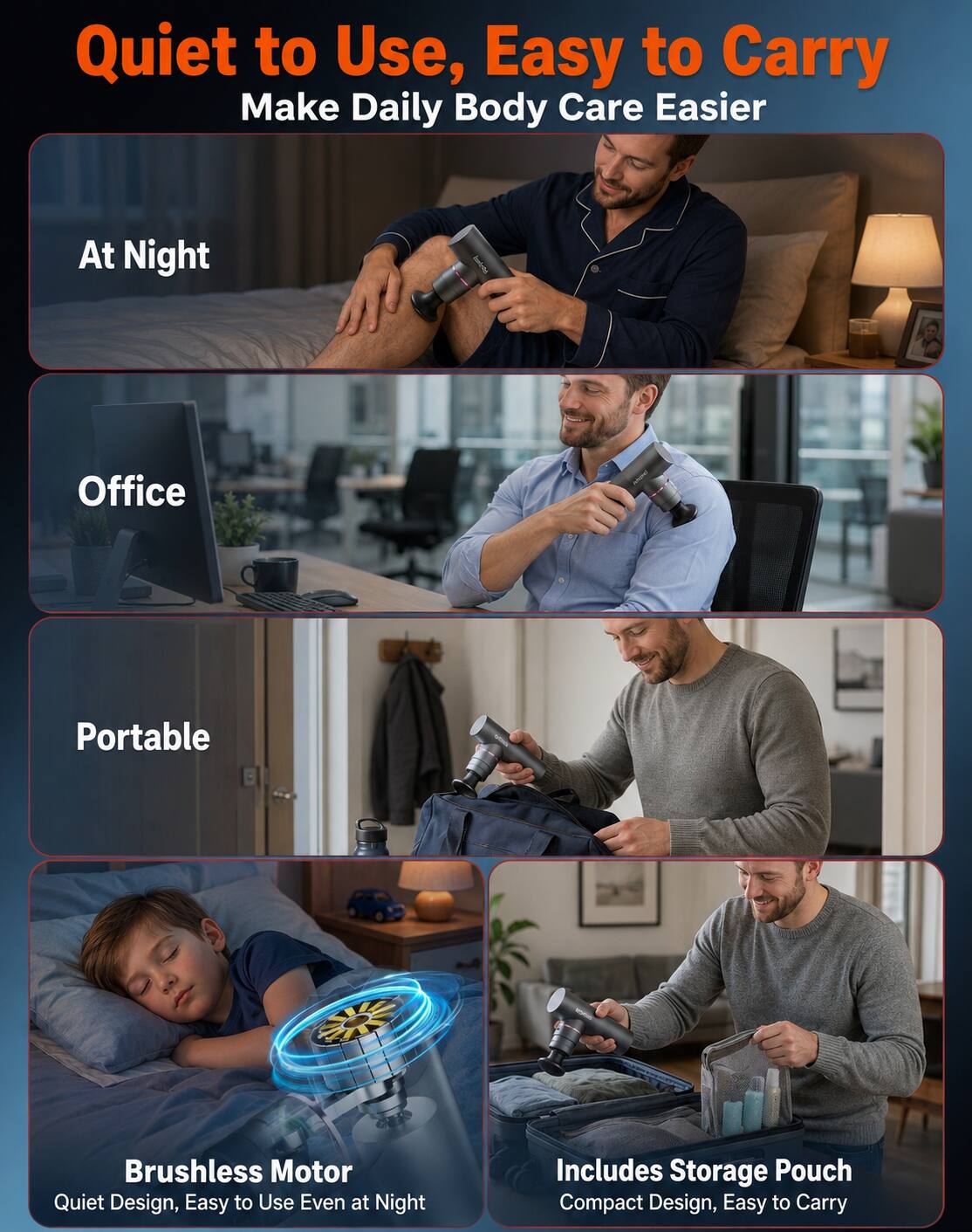 Quiet to Use, Easy to Carry  
Make Daily Body Care Easier  

At Night  
Office  
Portable  

Brushless Motor  
Quiet Design, Easy to Use Even at Night  

Includes Storage Pouch  
Compact Design, Easy to Carry