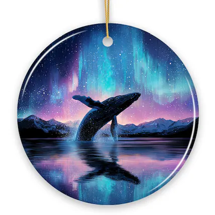 Front. OrnamentallyYou - Ocean Aurora Whale Ceramic Ornament, Northern Lights Wildlife Gift and Tree Decor - Multi-colored.