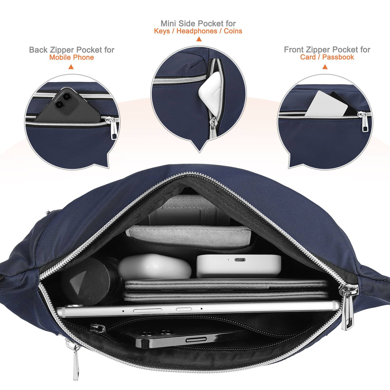 - Mini Side Pocket for Keys / Headphones / Coins
- Back Zipper Pocket for Mobile Phone
- Front Zipper Pocket for Card / Passbook