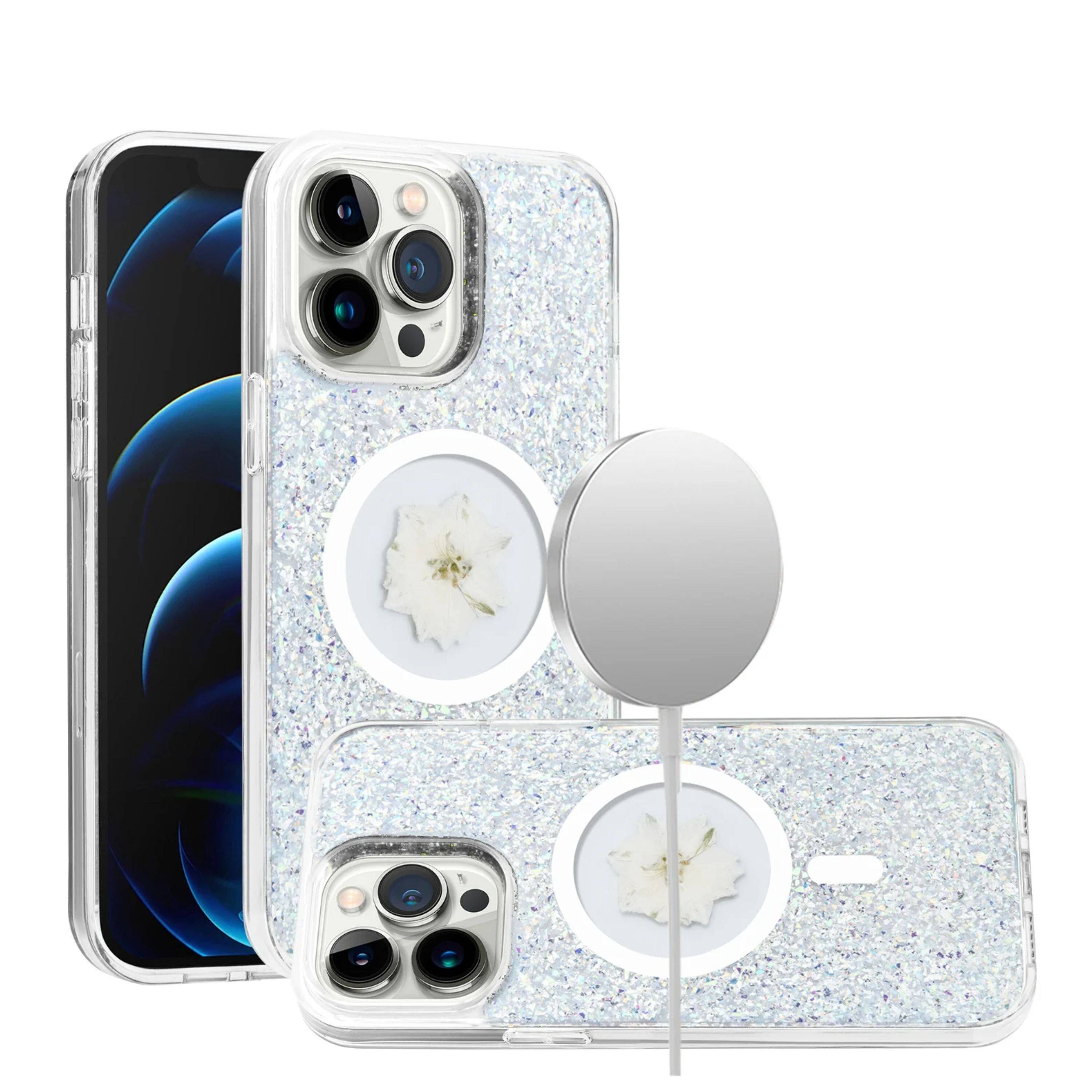 Angle. Kitcheniva - Glitter Hybrid Epoxy Real Flower Phone Case With 2 Pcs Screen Protectors For iPhone 15 Pro Max Silver - Silver.