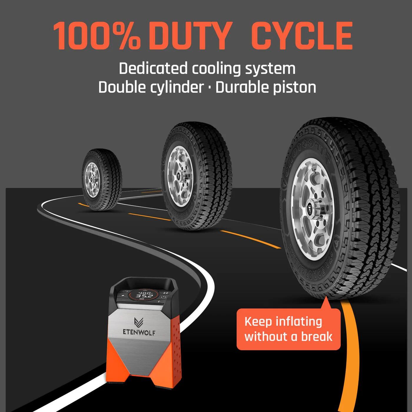 100% DUTY CYCLE  
Dedicated cooling system  
Double cylinder • Durable piston  
Keep inflating without a break