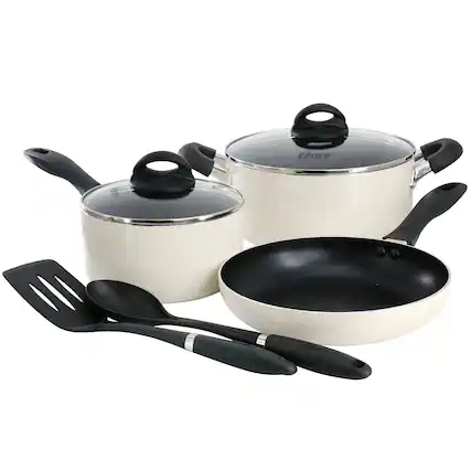 Front. Oster - Oster Clairborne 7 Piece Nonstick Aluminum Cookware and Kitchen Tool Set in Linen - Linen.
