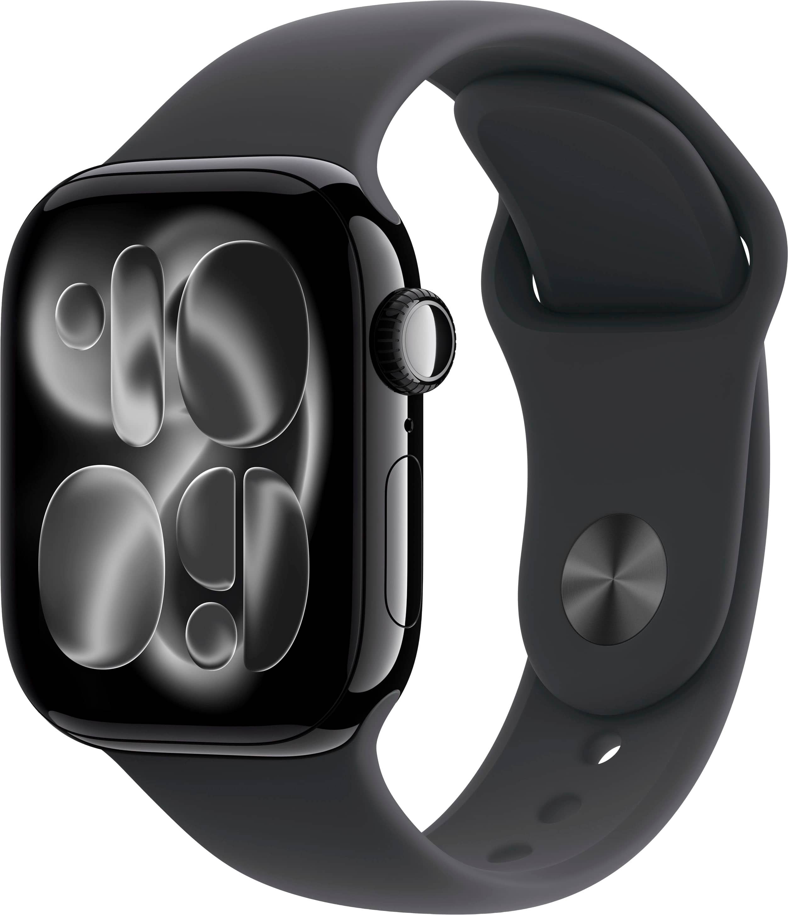 Apple Watch Series 11 (GPS+Cellular) 42mm Aluminum Case with Black Sport Band - S/M - Jet Black (AT&T) - (2025) - Front_Zoom