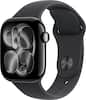 Front. Apple - Apple Watch Series 11 (GPS+Cellular) 42mm Aluminum Case with Black Sport Band - S/M - Jet Black.