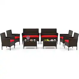 Gymax - 8 PCS Patio Furniture Set w/Washable Cushions & Tempered Glass Coffee Table - Mix Brown, Red