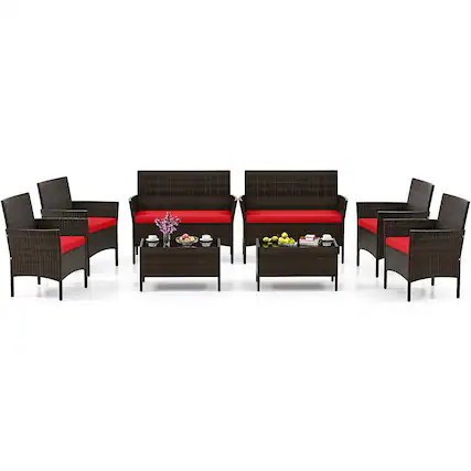 Front. Gymax - Gymax 8 PCS Patio Furniture Set w/Washable Cushions & Tempered Glass Coffee Table - Mix Brown, Red.