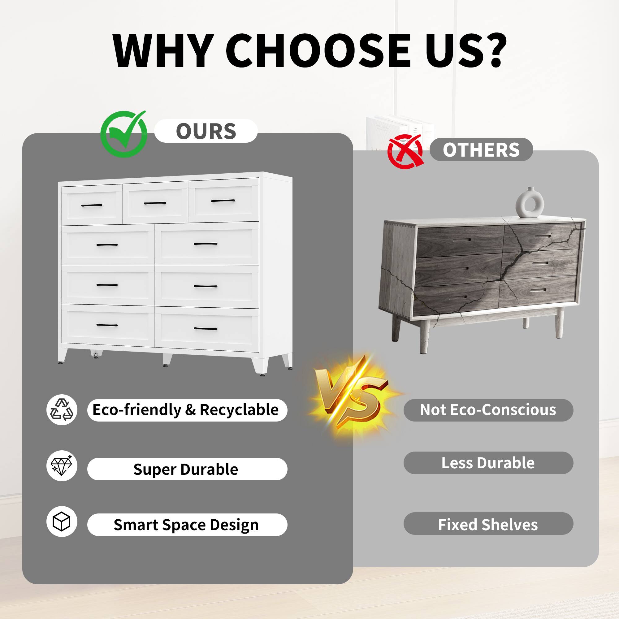 WHY CHOOSE US?

**OURS**  
- Eco-friendly & Recyclable  
- Super Durable  
- Smart Space Design  

**OTHERS**  
- Not Eco-Conscious  
- Less Durable  
- Fixed Shelves