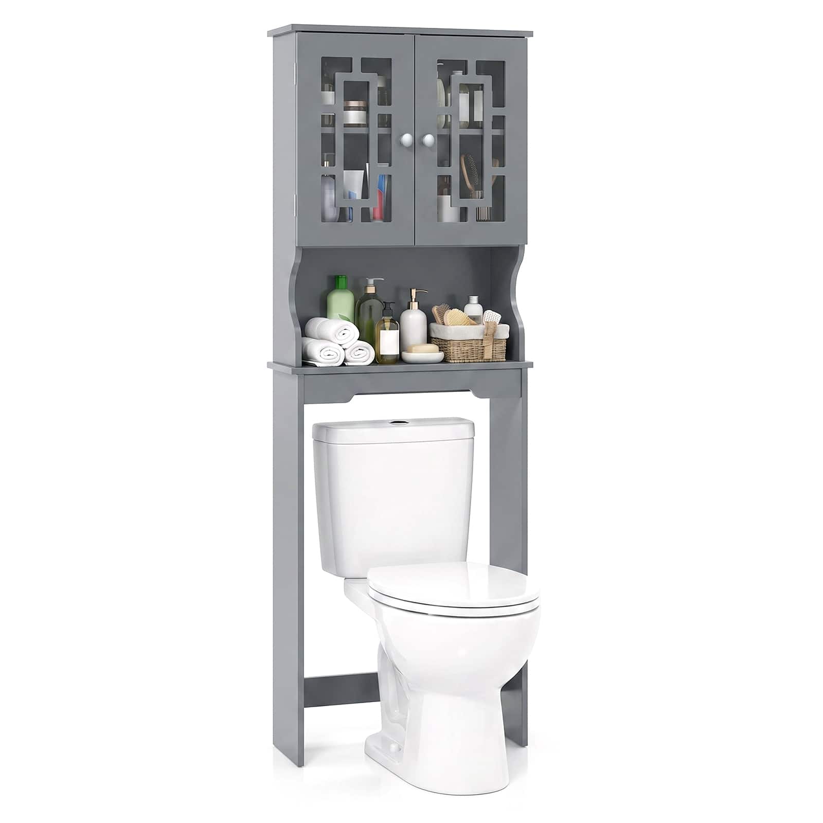 Costway - Over the Toilet Storage Bathroom Spacesaver Cabinet Tower Organizer Shelf & Doors - Gray