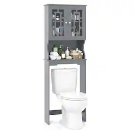 Costway - Over the Toilet Storage Bathroom Spacesaver Cabinet Tower Organizer Shelf & Doors - Gray