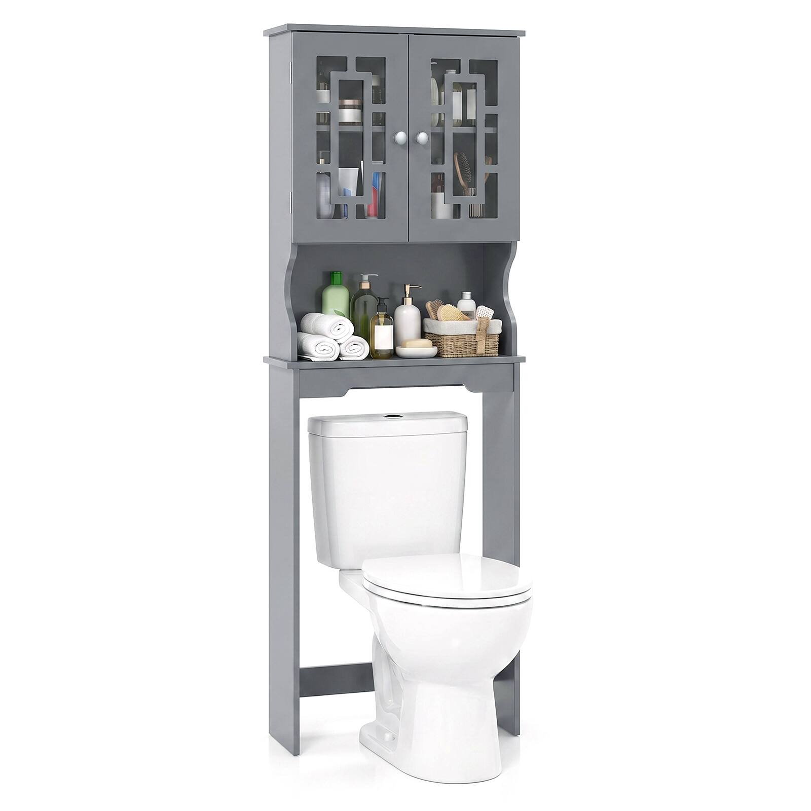 Front. Costway - Costway Over the Toilet Storage Bathroom Spacesaver Cabinet Tower Organizer Shelf & Doors - Gray.