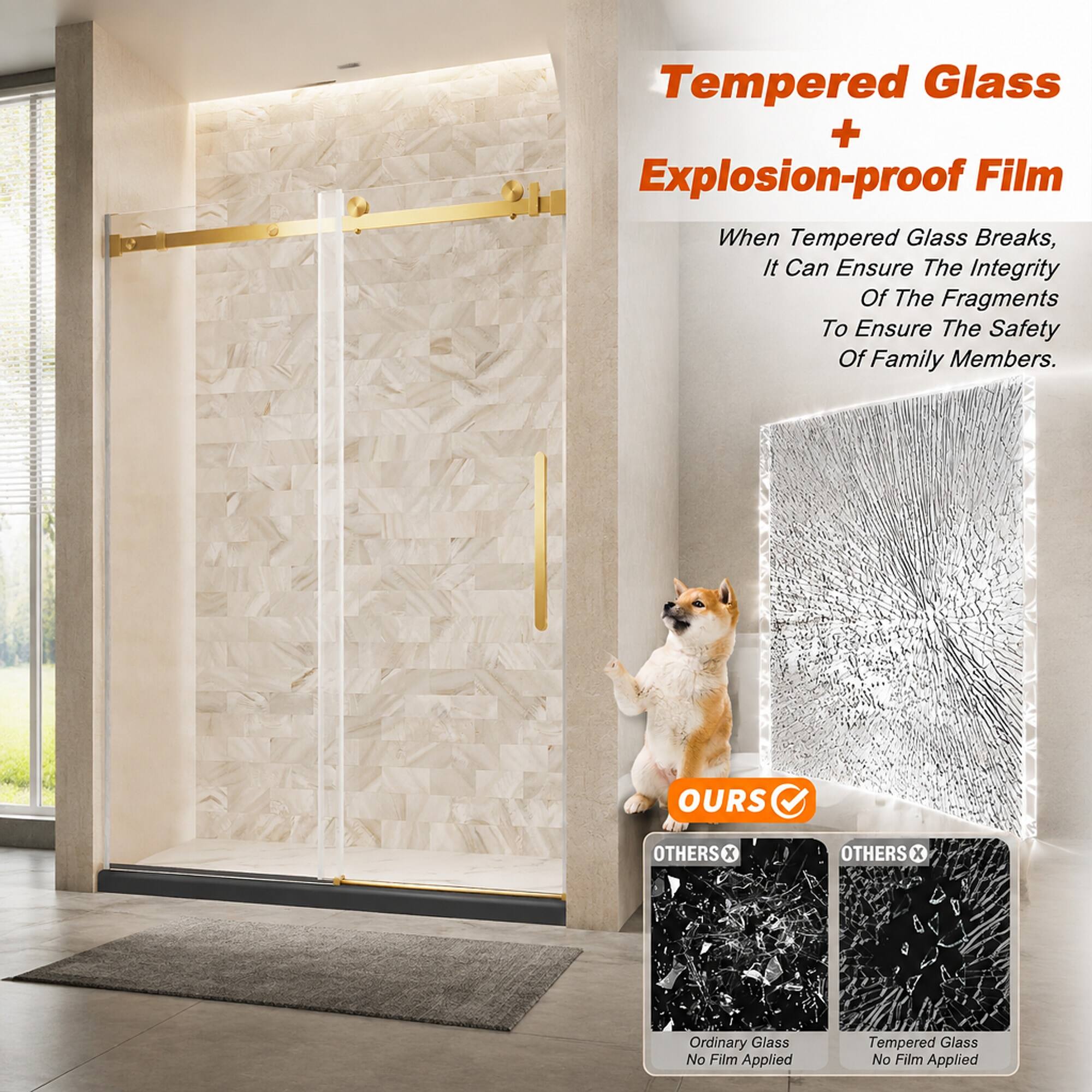 Tempered Glass + Explosion-proof Film  
When Tempered Glass Breaks, It Can Ensure The Integrity Of The Fragments To Ensure The Safety Of Family Members.

OURS  
OTHERS X  
OTHERS X  
Ordinary Glass No Film Applied  
Tempered Glass No Film Applied