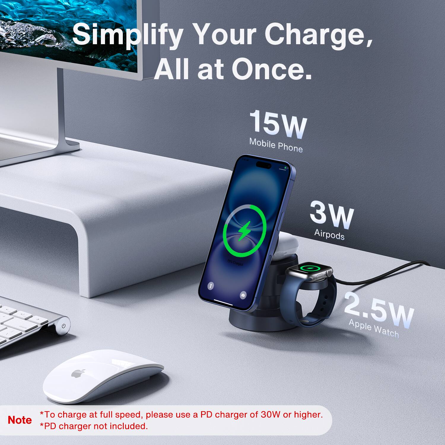 Simplify Your Charge, All at Once. 15W Mobile Phone 3W Airpods 2.5W Apple Watch *To charge at full speed, please use a PD charger of 30W or higher. Note *PD charger not included.