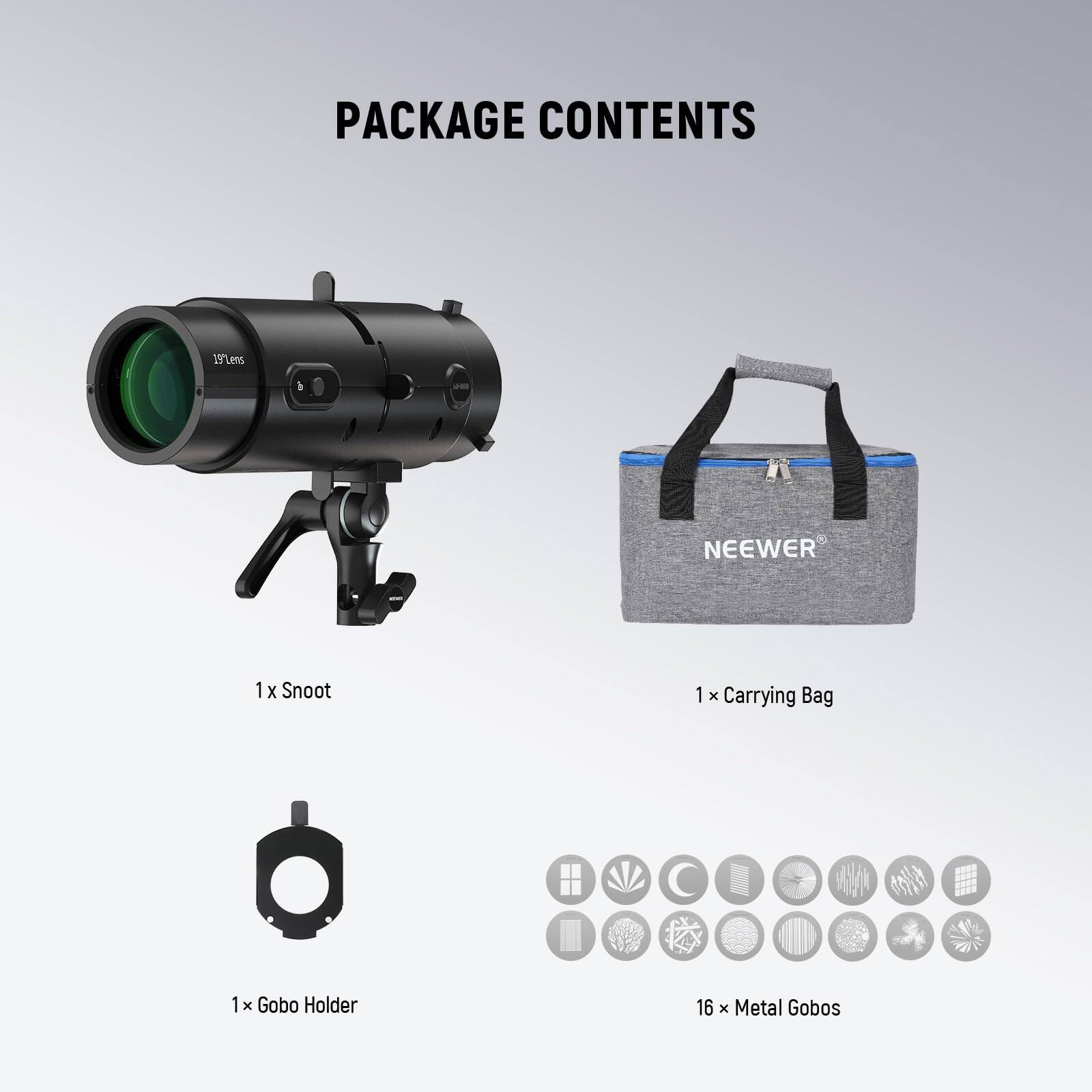 PACKAGE CONTENTS

1 x Snoot  
1 x Carrying Bag  
1 x Gobo Holder  
16 x Metal Gobos