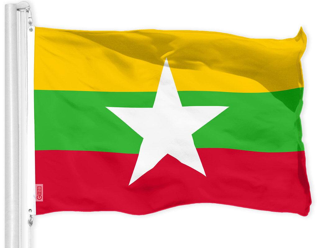 Front. G128 - Myanmar Flag 3x5 ft Printed 150D Polyester — Indoor/Outdoor with Brass Grommets. - Assorted Colors.