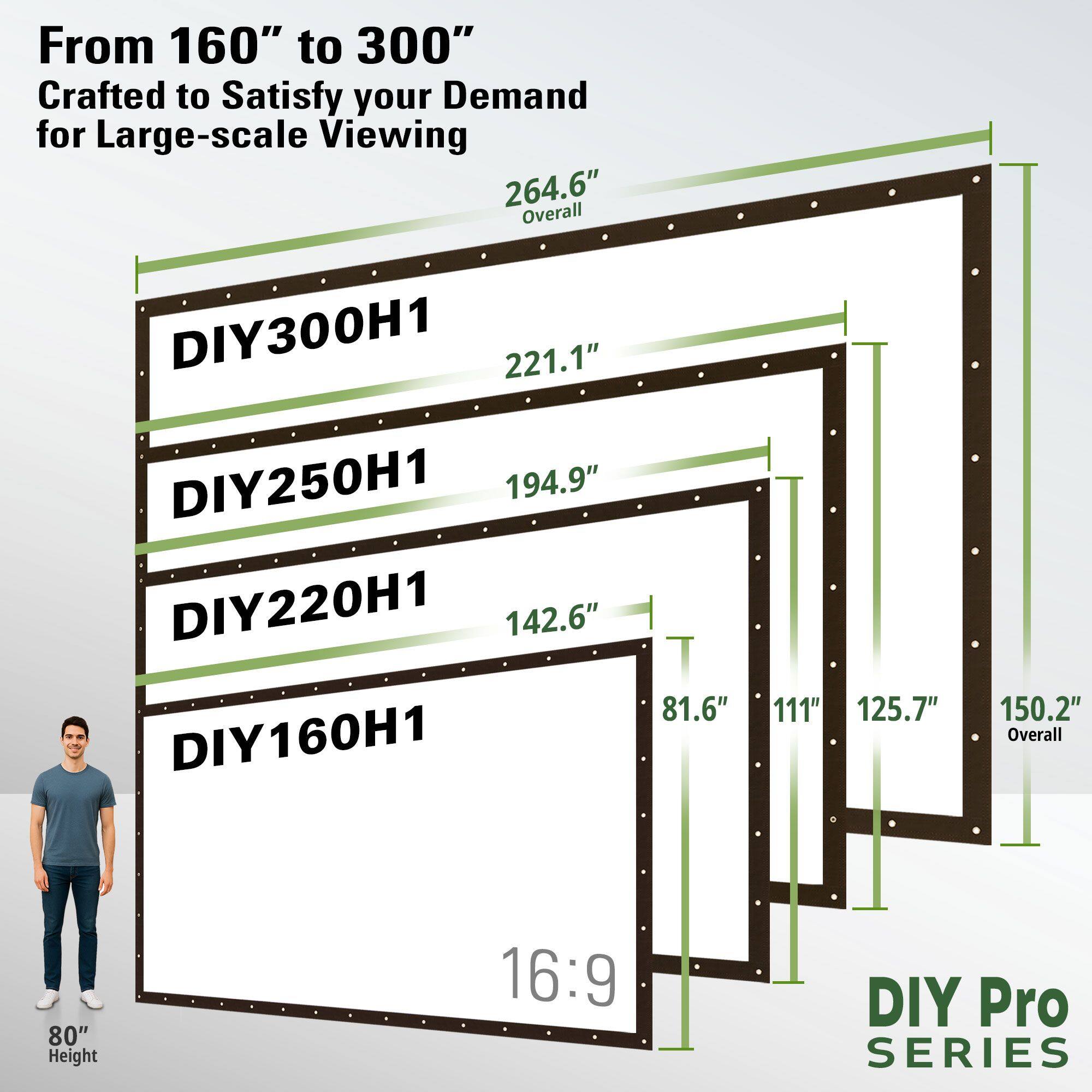 From 160" to 300"  
Crafted to Satisfy your Demand for Large-scale Viewing  

DIY300H1  
264.6" Overall  
221.1"  

DIY250H1  
194.9"  

DIY220H1  
142.6"  

DIY160H1  
81.6"  

111"  
125.7"  
150.2" Overall  

80" Height  
16:9  

DIY Pro SERIES