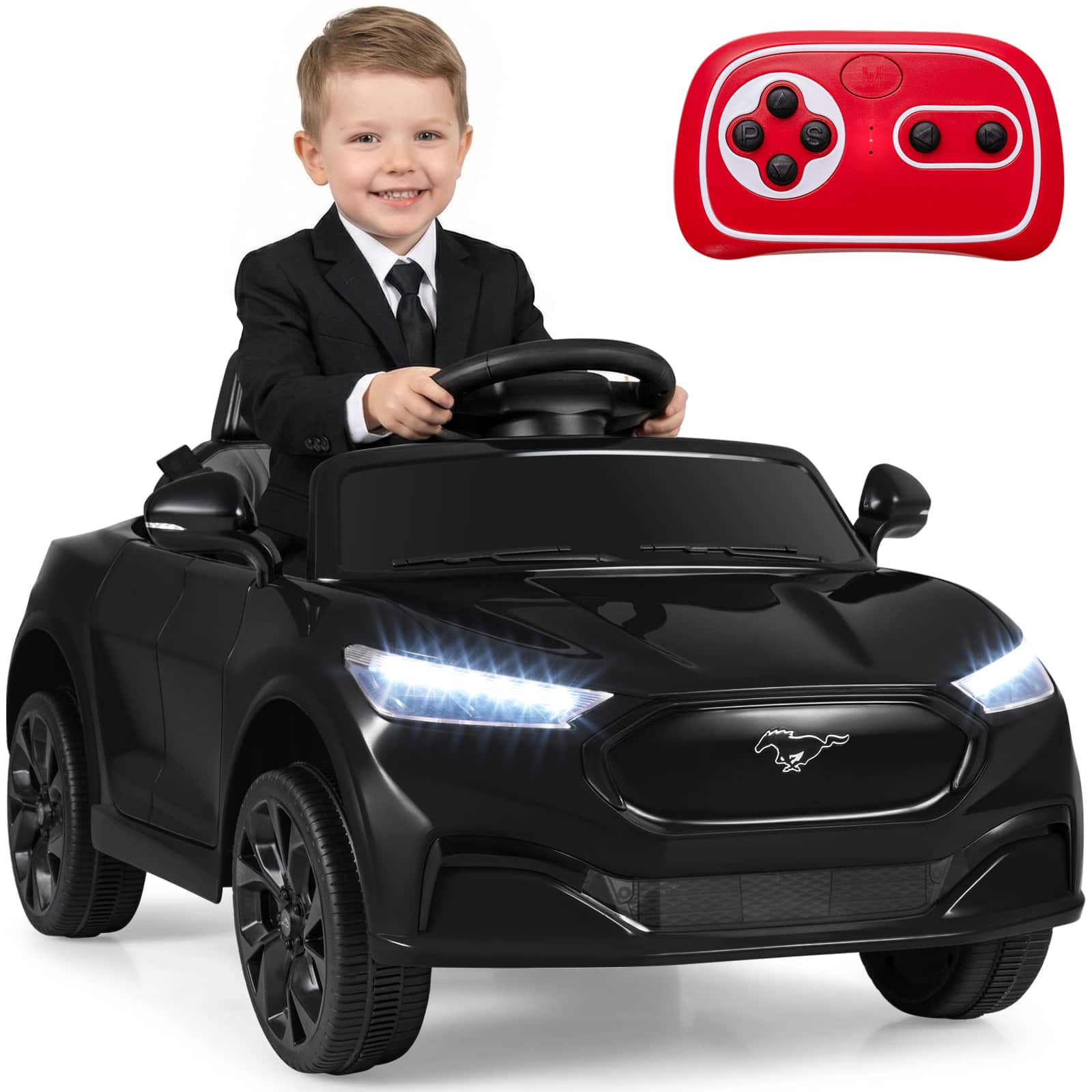 Gymax - Licensed Ford Mach E Electric Vehicle w/Parent Control LED Lights Horn Music - Black