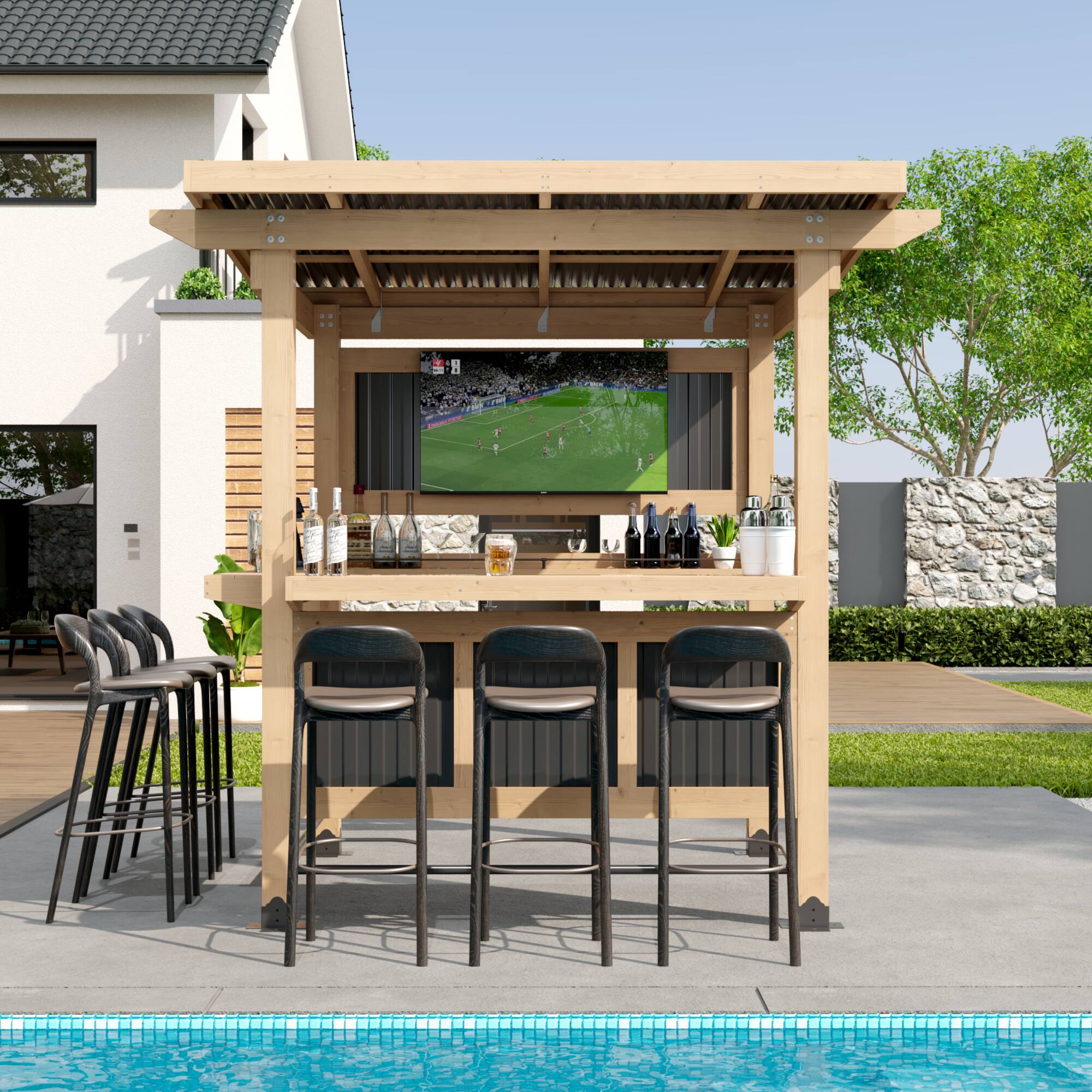 Angle. Famapy - Outdoor Entertainment Bar Gazebo with Dual Bar Counters, TV Mount, Cedar Frame and Weatherproof Roof.