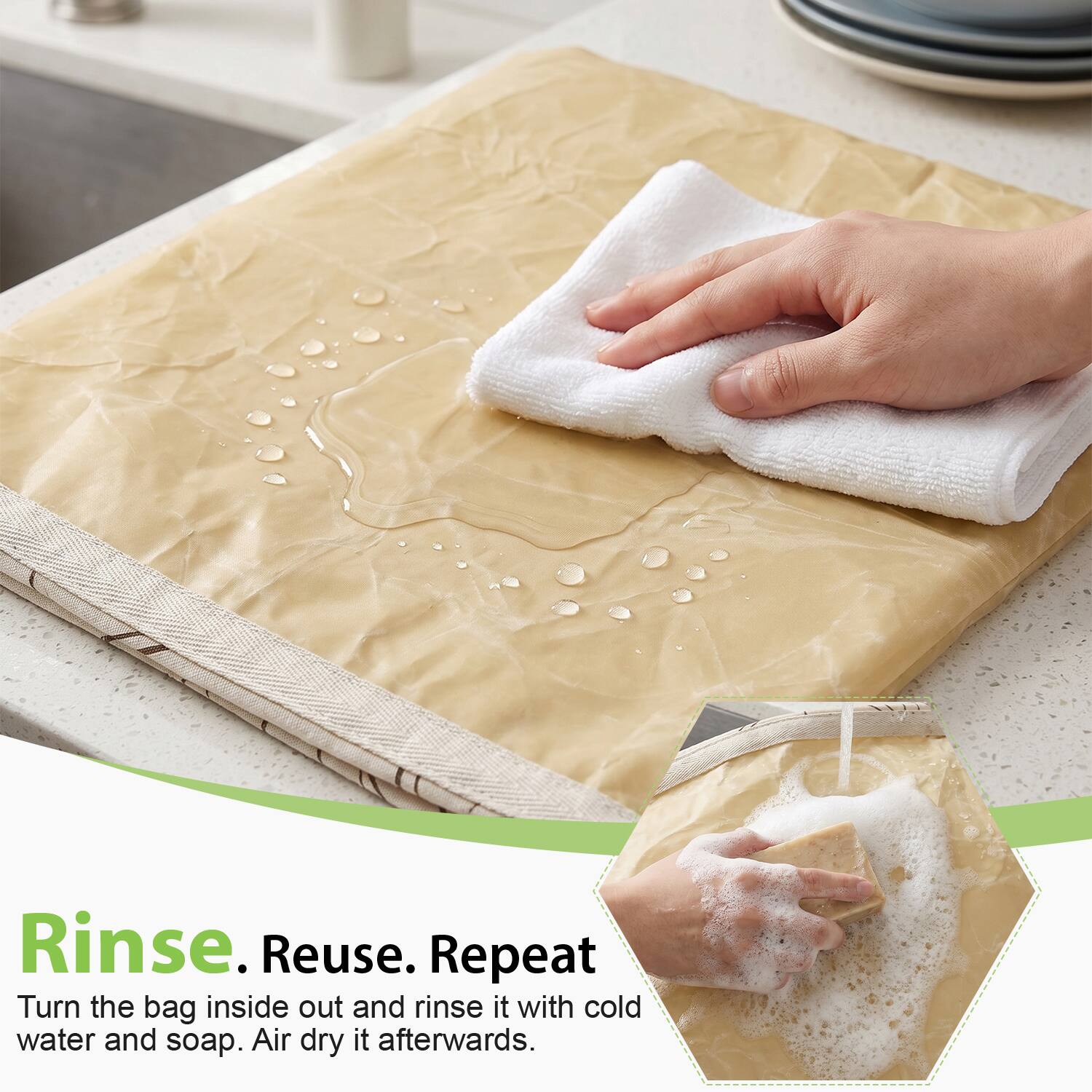 Rinse. Reuse. Repeat

Turn the bag inside out and rinse it with cold water and soap. Air dry it afterwards.
