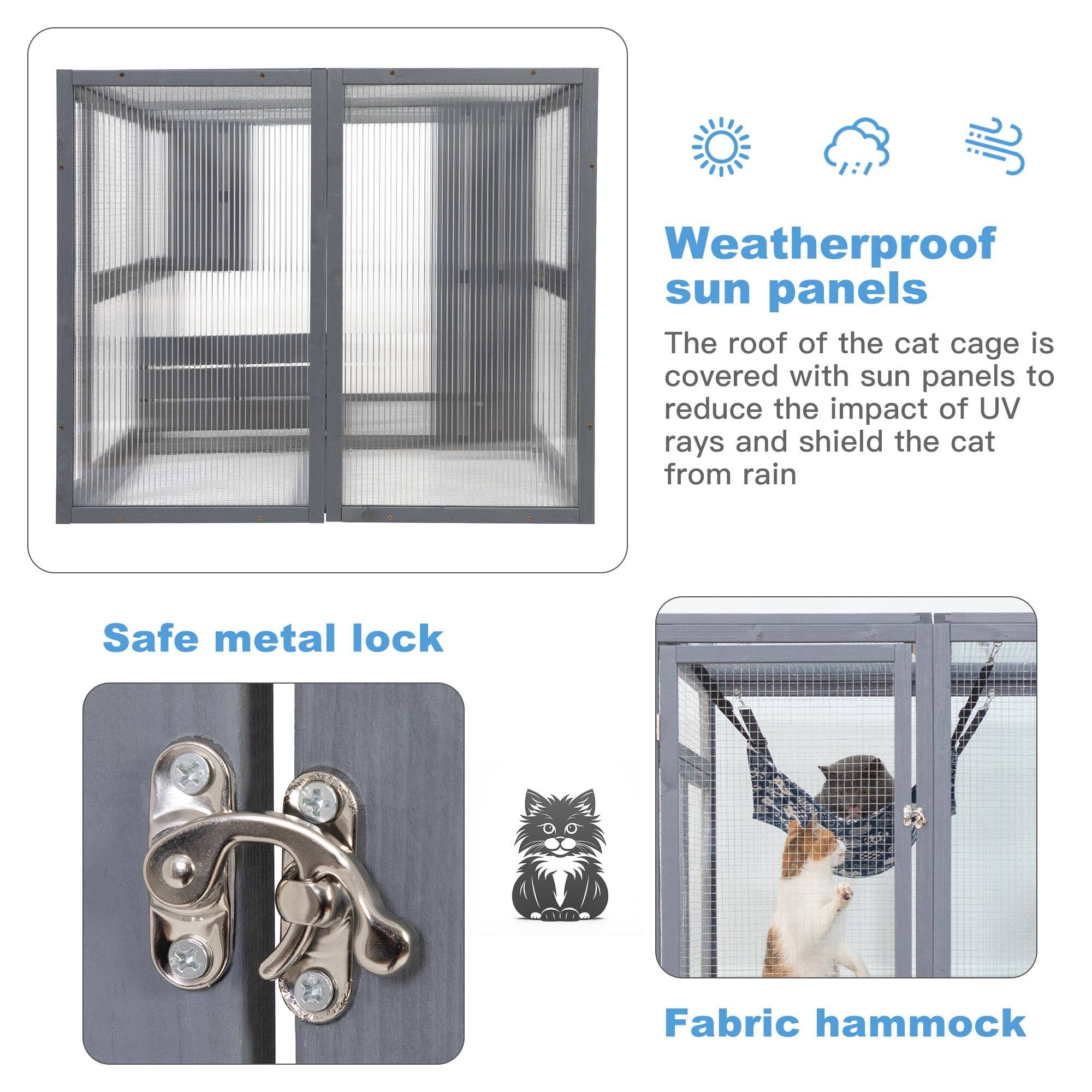 - Weatherproof sun panels
  - The roof of the cat cage is covered with sun panels to reduce the impact of UV rays and shield the cat from rain

- Safe metal lock

- Fabric hammock