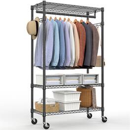 ALEXOUN - 3 Tiers Heavy Duty Rolling Garment Rack -15.7" x 29.5" x 74.5",Adjustable Wire Shelving, Rack with Rods and Side Hooks - Black