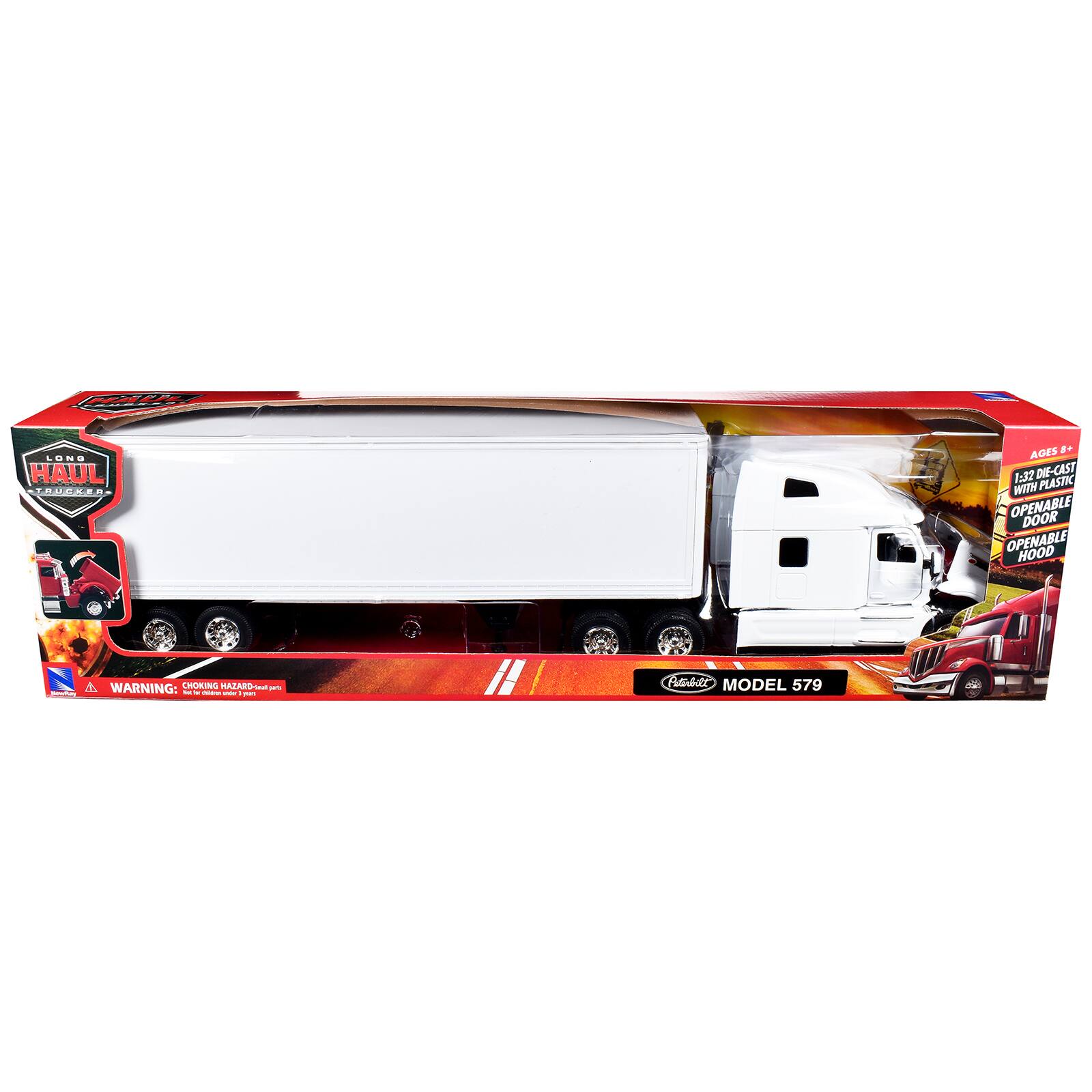 LONG HAUL RUCKER  
AGES +8 1:32 DIE-CAST PLASTIC WITH OPENABLE DOOR OPENABLE HOOD  
WARNING: CHOKING HAZARD-Small parts. Not for children under 3 years.  
Pilot MODEL 579