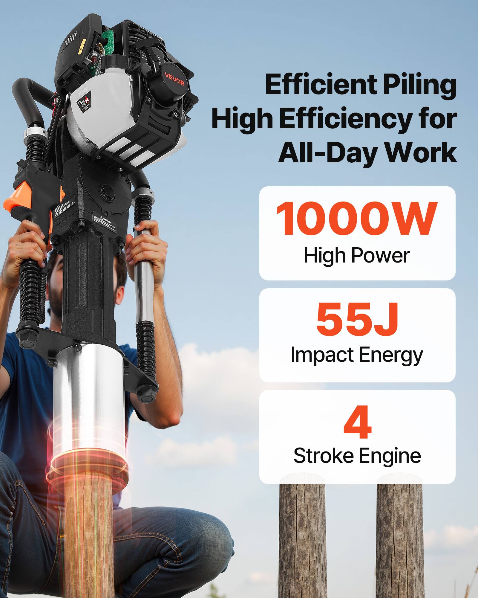 I 8 VEVOR Efficient Piling High Efficiency for All-Day Work 1000W High Power 55J Impact Energy 4 Stroke Engine